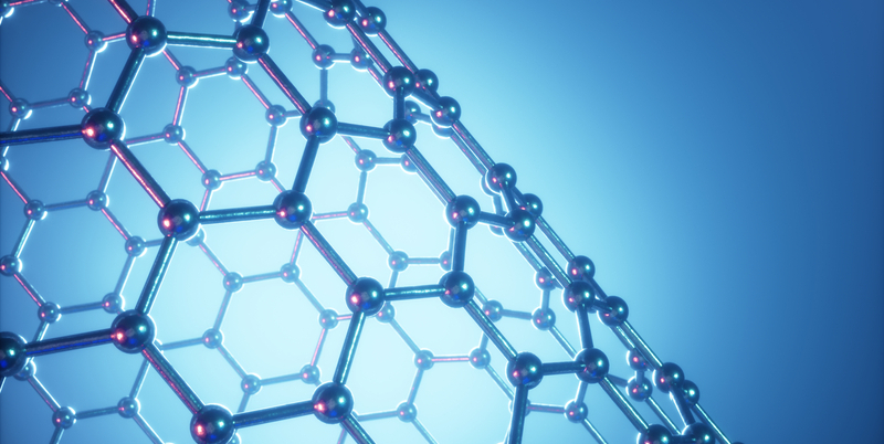 Struttura molecolare tridimensionale del grafene, rappresentata come una rete esagonale composta da atomi uniti da legami, su sfondo blu.